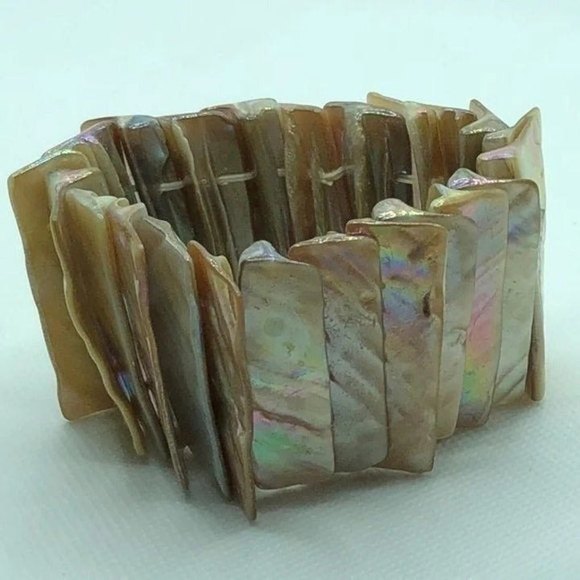 Abalone Mother of Pearl Wide Shell Stretch Bracelet - Picture 3 of 7